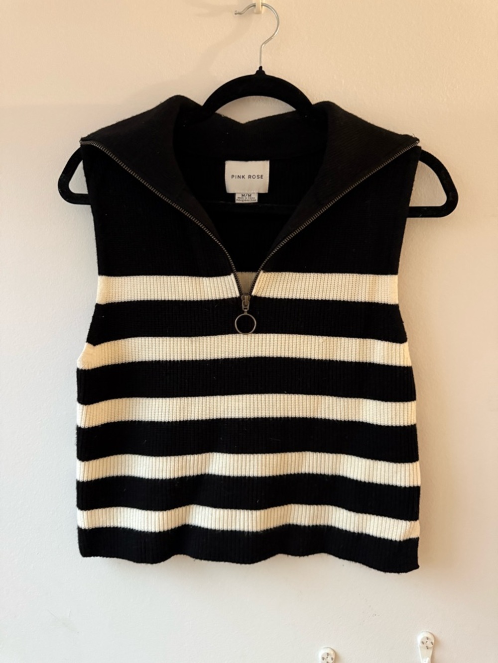 Pink Rose Black & Cream Striped Zip-Front Knit Vest